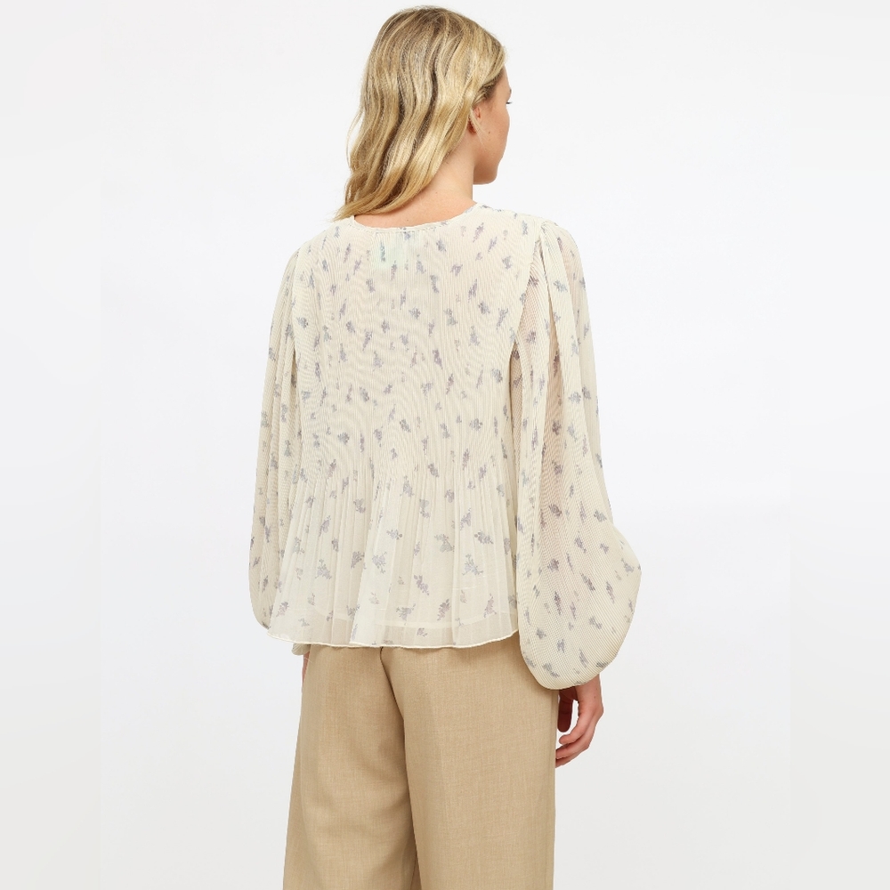 GANNI Floral Georgette Top With Balloon Sleeves and Plisse Tucks size 36 4 US - Picture 4 of 12
